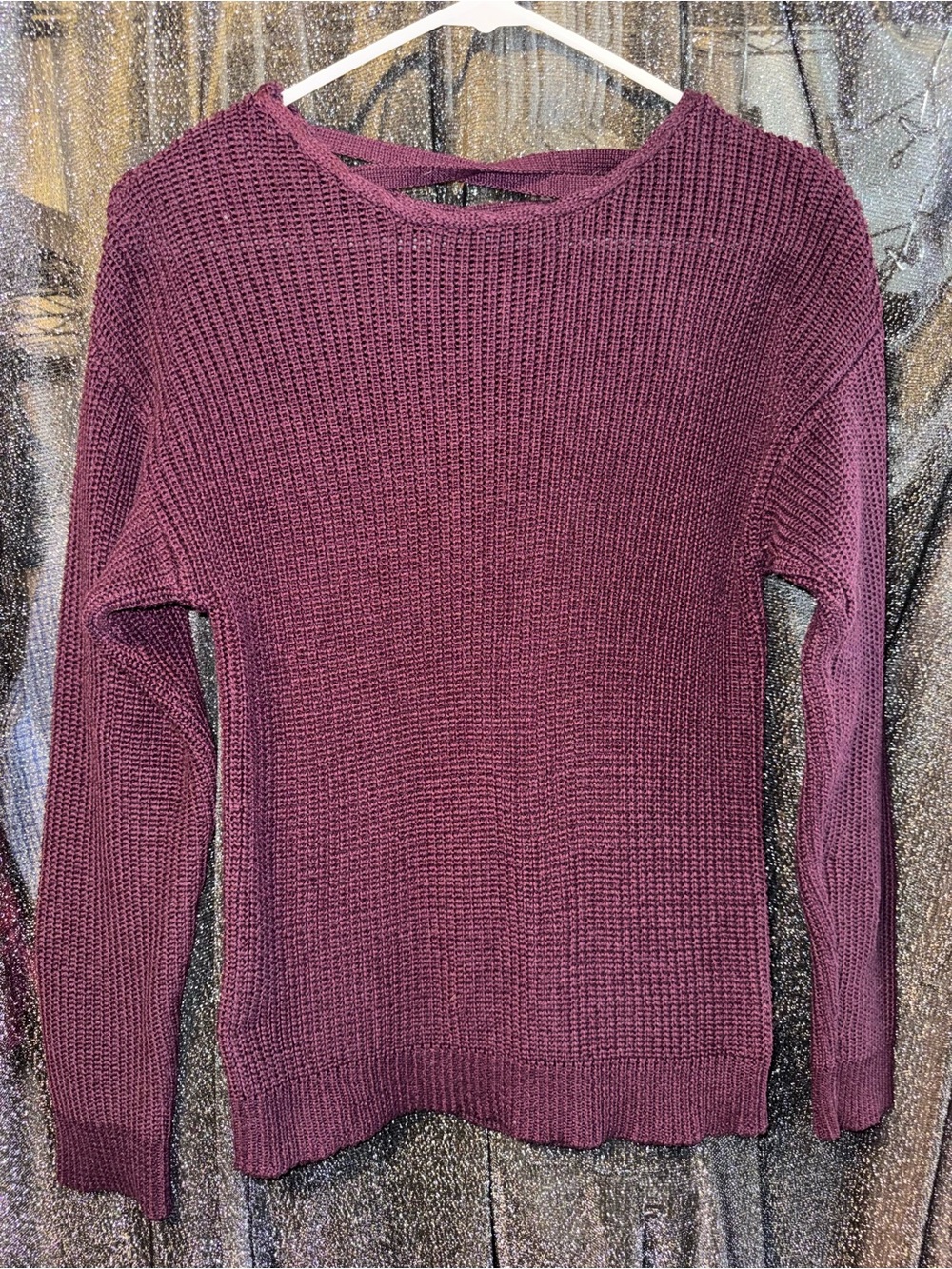 Love Tree Wine Crewneck Sweater with Back Strap Detail